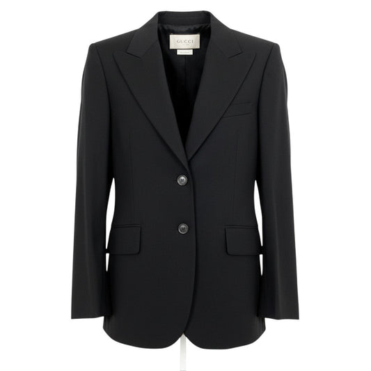 i19 E タグ付 GUCCI グッチ GUCCI UNIFORM テーラードジャケット ピークドラペル 40 ブラック ウール レディースo07t