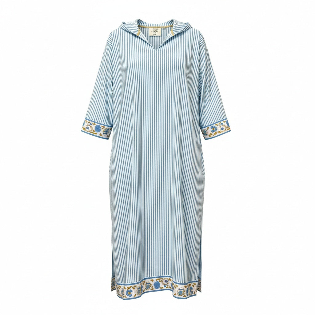 75b26 Ron Herman×SZ Blockprints ロンハーマン SZブロックプリント フーディーロングスリーブワンピース ロングワンピース ストライプ 3510300579 Sサイズ ホワイト ブルー コットン100％ レディース 女性用u02t