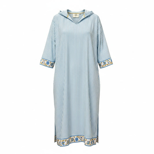 75b26 Ron Herman×SZ Blockprints ロンハーマン SZブロックプリント フーディーロングスリーブワンピース ロングワンピース ストライプ 3510300579 Sサイズ ホワイト ブルー コットン100％ レディース 女性用u02t