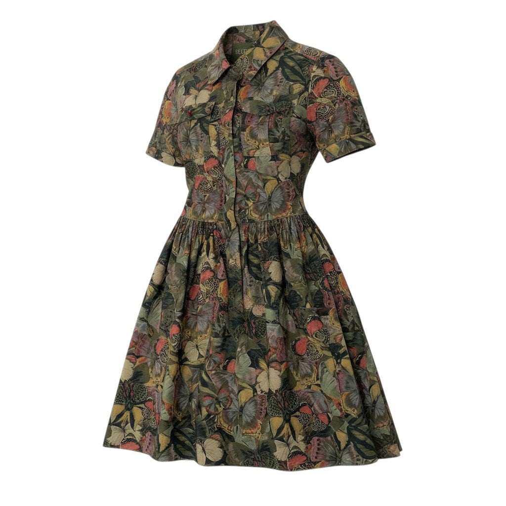 57c10 《美品》 VALENTINO ヴァレンティノ 半袖シャツワンピース ウエスト切り替え フレアスカート 40 バタフライ柄 総柄 コットンu02t