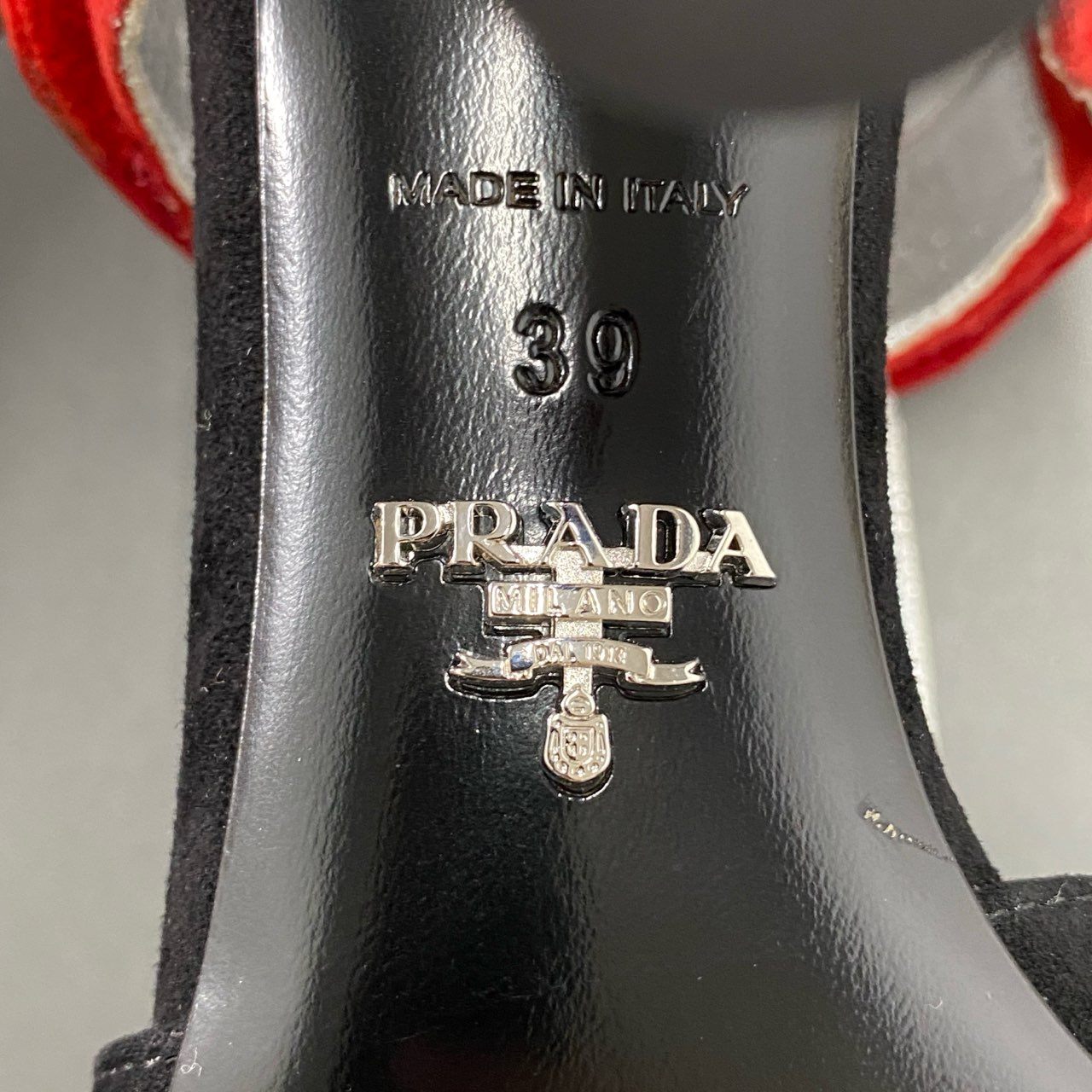 8i20 PRADA プラダ METAL BALL SUEDE SANDAL ヒールサンダル 39 ブラック レッド メタリック イタリア製 メタルボール