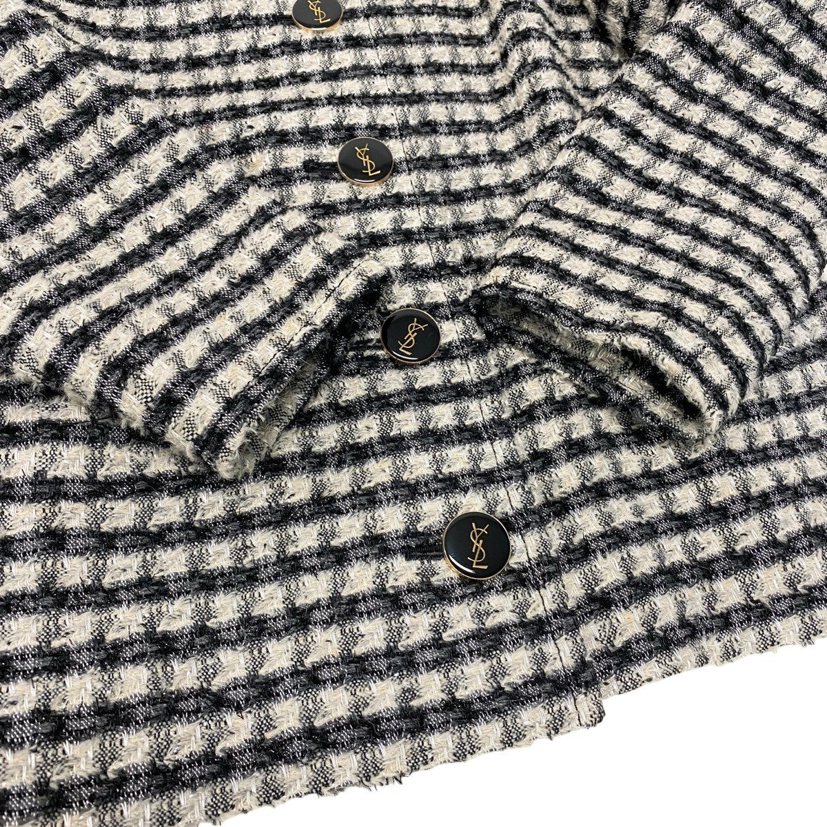 29g14 YVES SAINT LAURENT イヴサンローラン セットアップスカート ツイードジャケット YSLロゴボタン サイズ40 ブラック アイボリー レディース 女性用o07t