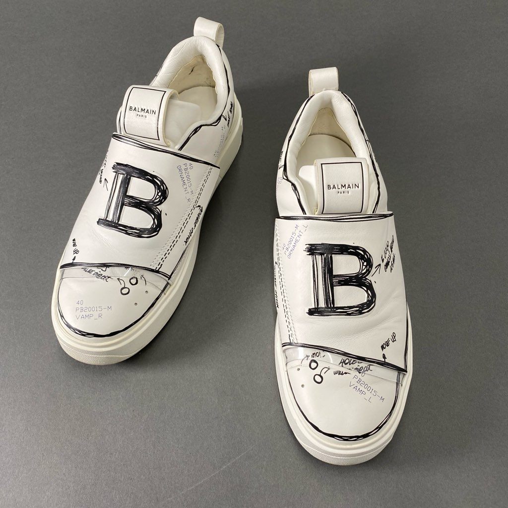 6d12 BALMAIN バルマン B Court Sketch Effect Sneaker Bコート スケッチスニーカー 25cm ホワイト レザー シューズ PB20015-M