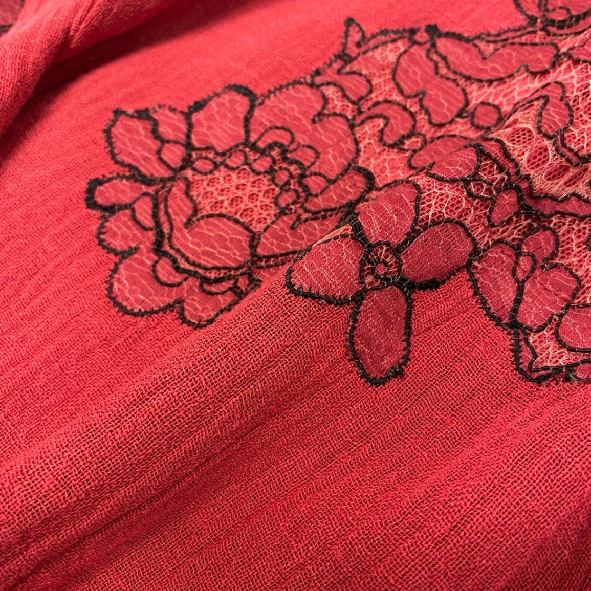 35j22 import ROSSA インポートロッサ 花柄レース刺繍 テーラードジャケット 羽織り 薄手 サイズ44 レッド レディースu02t