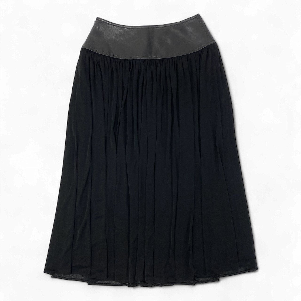 79k21《未使用保管品》 LEONARD FASHION レオナール ギャザースカート フレアスカート ウエストレザー 本革 カンカン素材 レディース 女性用 67 ブラックu02t