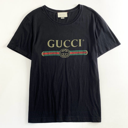 60e11 GUCCI グッチ イタリア製 ロゴ ウォッシュ オーバーサイズ ヴィンテージロゴ Tシャツ カットソー プリント 440103 Mサイズ ブラック コットン