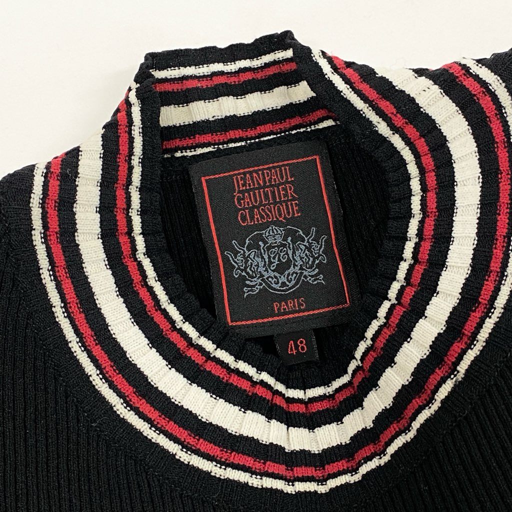 13l27【美品】JEANPAUL GAULTIER CLASSIQUE ジャンポールゴルチエ クラシック 半袖リブニット カットソー チビT ニットセーター 日本製 48サイズ ブラック ナイロン100％ レディースk02i