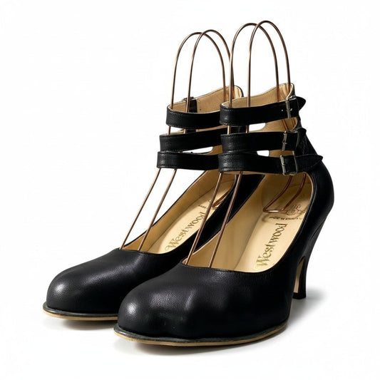 1f10 Vivienne Westwood ヴィヴィアンウエストウッド アンクルストラップ ヒールパンプス アニマルトゥ 英国製 サイズ6 ブラック レディース 女性靴u02t
