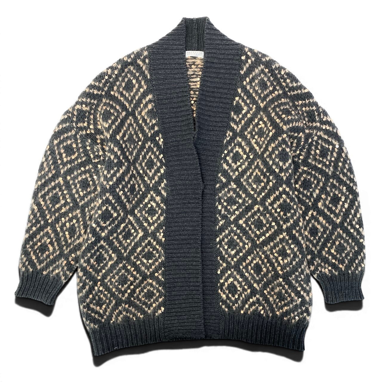 27e11 【美品】BRUNELLO CUCINELLI ブルネロクチネリ ニットカーディガン Vネック スパンコール ジオメトリックパターン イタリア製 XXSサイズ グレー オレンジ レディース 女性用u02t