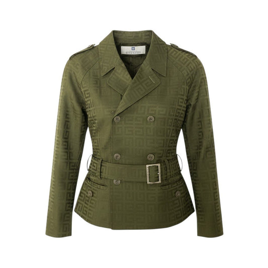 Ic5 Vintage GIVENCHY ジバンシィ ジャガードロゴ ショートコート 中綿ジャケット ダブルブレスト レディース 38 カーキu02t