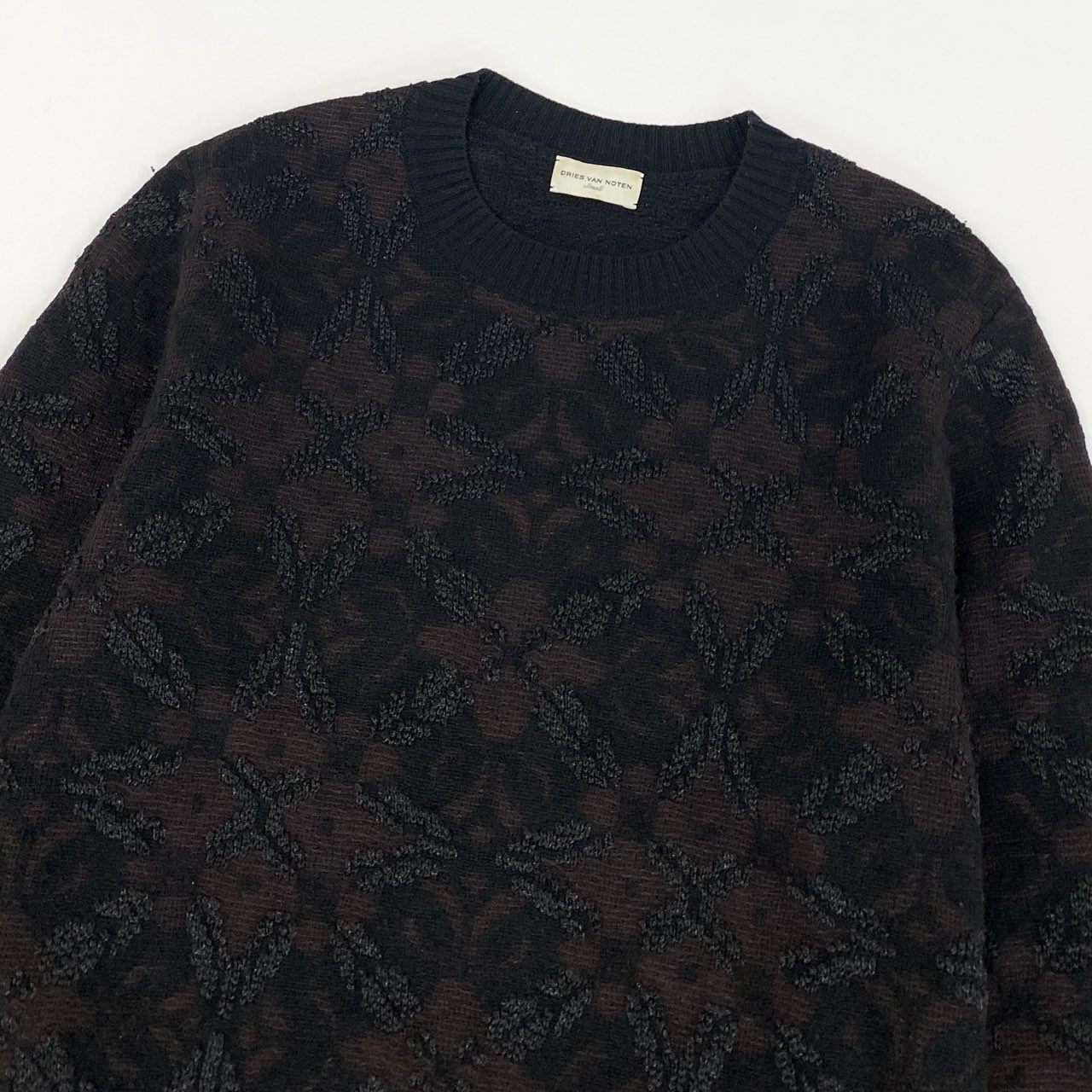 58i11 DRIES VAN NOTEN ドリスヴァンノッテン ニットセーター クルーネックニット 長袖ニット フラワーモチーフ メンズ 男性用 S ブラウン ブラックu02t