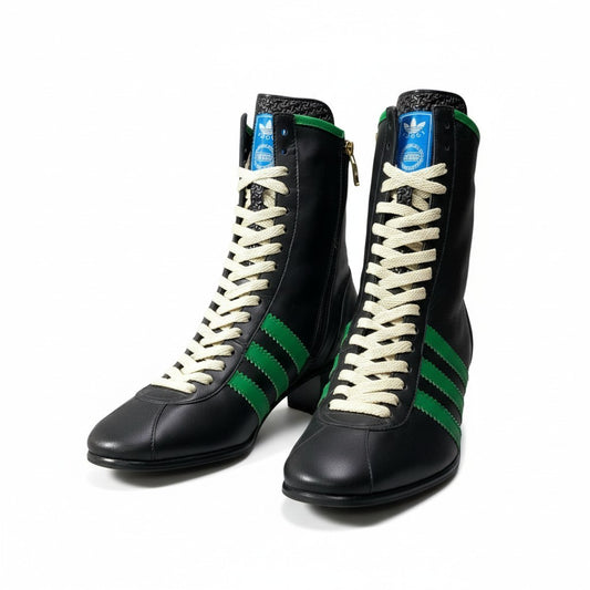 d9 GUCCI × Adidas グッチ アディダス ボーリングシューズ レザーブーツ サイドジップ トレフォイルロゴ サイズ6 1/2 ブラック レディースk02i