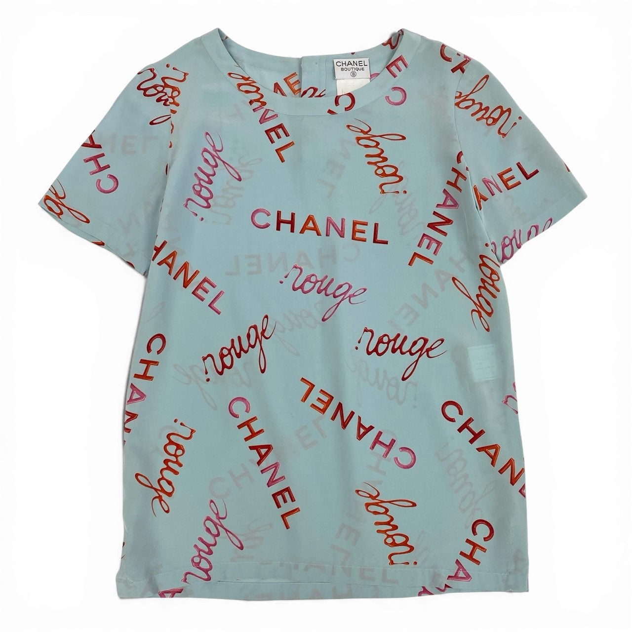 44a15 【archive】CHANEL ヴィンテージ シャネル 1996年 96P ロゴプリント シルクブラウス 半袖ブラウス サイズ36 ブルー系 レディース トップスta1