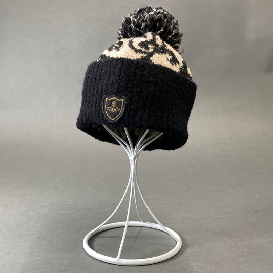 g29 Vivienne Westwood ヴィヴィアンウエストウッド オーブ ロゴ刺繍ワッペン ニット帽 ビーニー ラメ 総柄 ニットキャップ 日本製 ブラック ベージュ レディースk02i