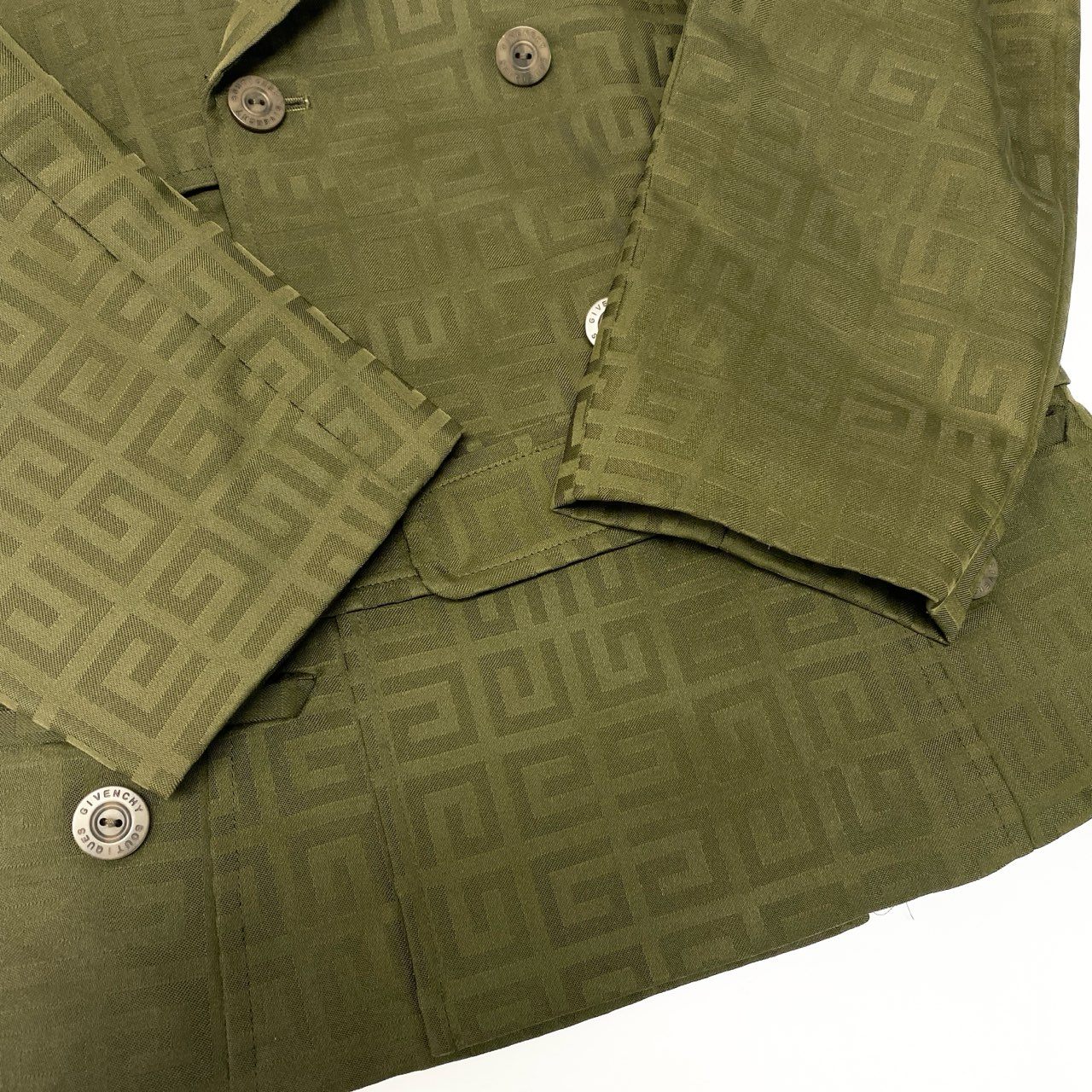 Ic5 Vintage GIVENCHY ジバンシィ ジャガードロゴ ショートコート 中綿ジャケット ダブルブレスト レディース 38 カーキu02t