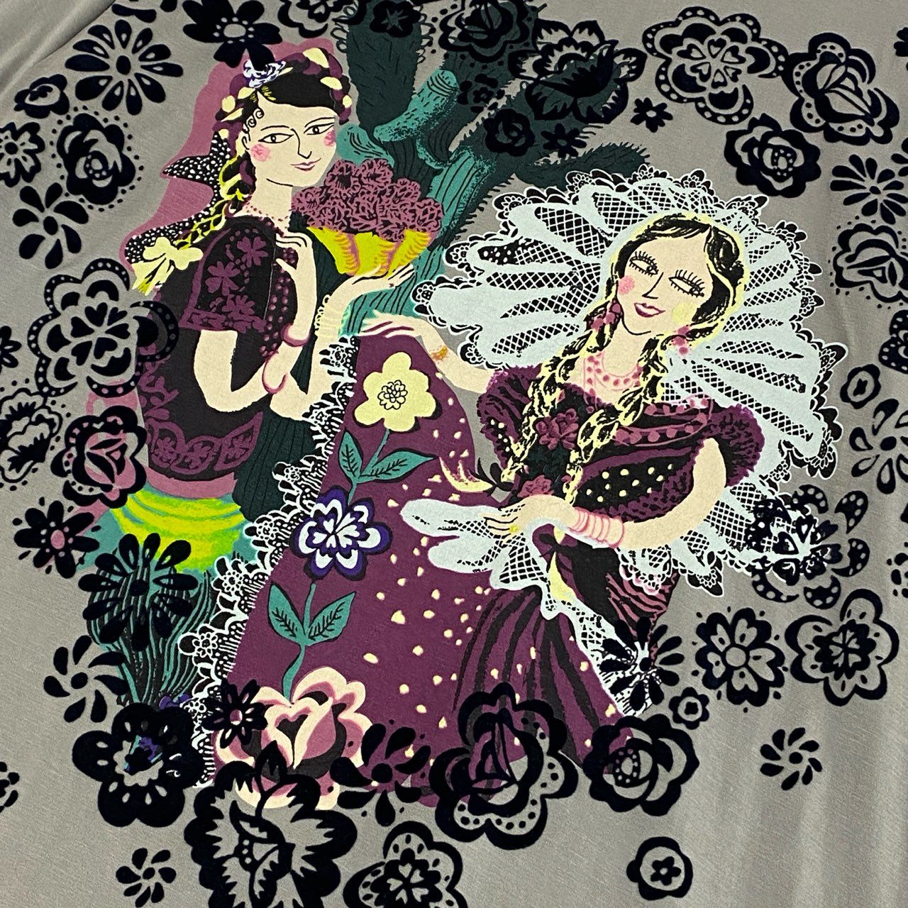 56k26 TOKUKO 1er VOL トクコプルミエヴォル 長袖ワンピース 裾シアー切替 プリント 伸縮ストレッチ 9 グレー系 レディースu02t