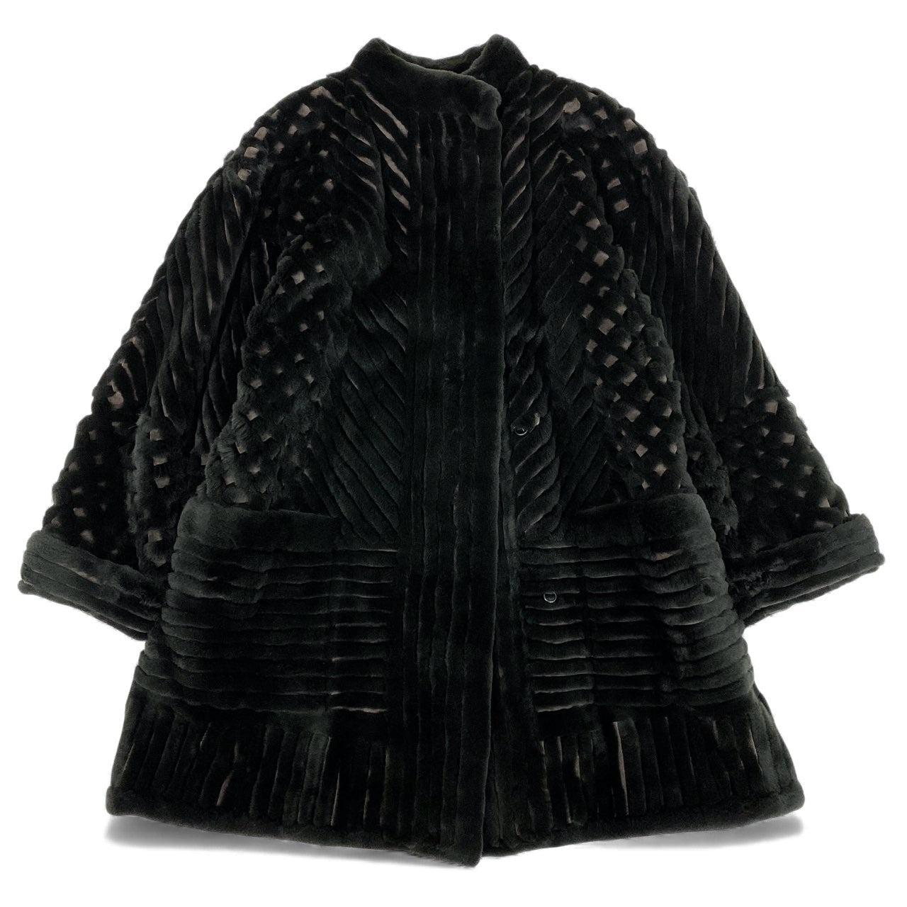 27L1 MONDEREVE シェアードリアルファー ロングコート サイズF ブラック 本毛皮 レアデザイン 格子柄 ポケット有t18r