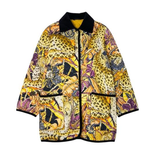 j29 Salvatore Ferragamo キルティングジャケット ヒョウ 花柄 ミドル丈 コーデュロイ襟 XSサイズ マルチカラー ポリエステル100％ レディース 女性用u02t