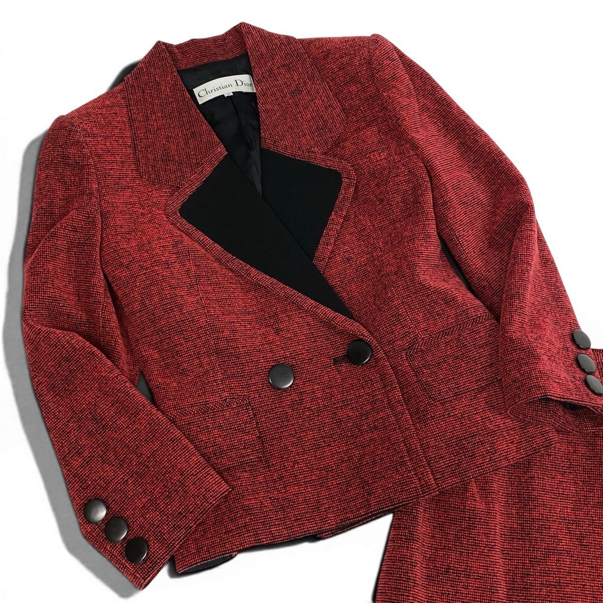 8f5 【美品】 Christian Dior クリスチャンディオール セットアップ スカートスーツ ツイードジャケット ダブルブレスト フォーマル バイカラー サイズ9 ブラック レッド  レディース 女性服u02t