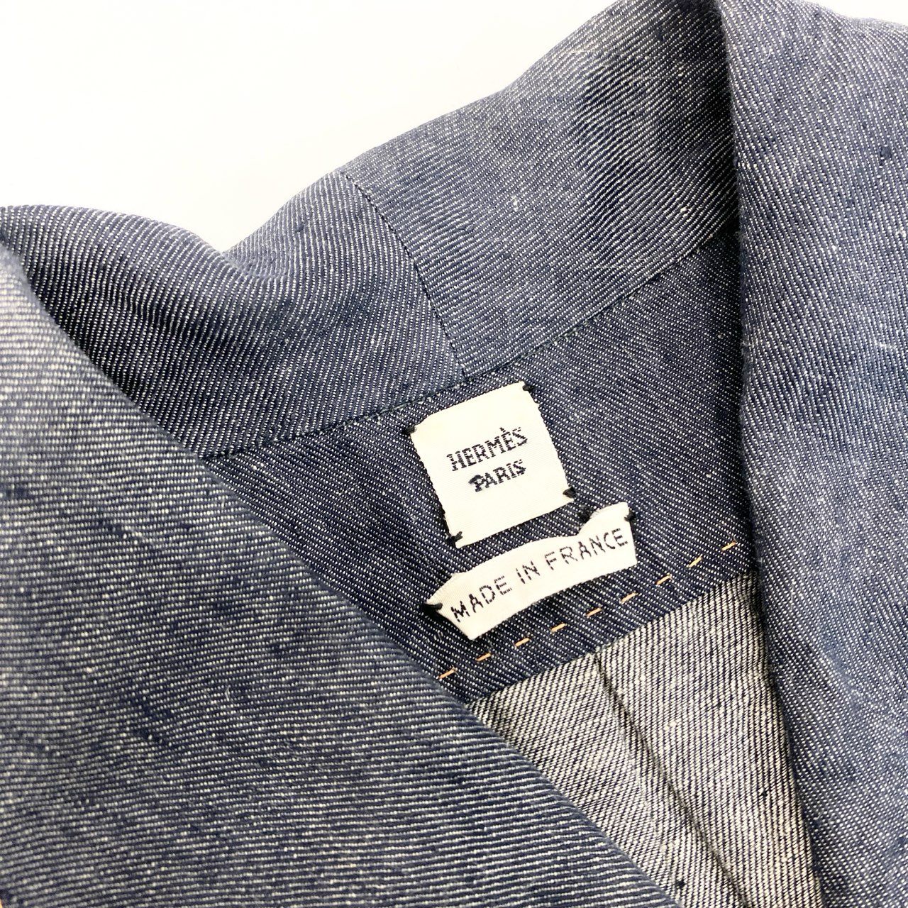 10k11【美品】HERMES PARIS エルメスパリス ノースリーブデニムシャツ デニムベスト リネン100％ ゴルチエ期 フランス製 34サイズ インディゴ レディースu02t