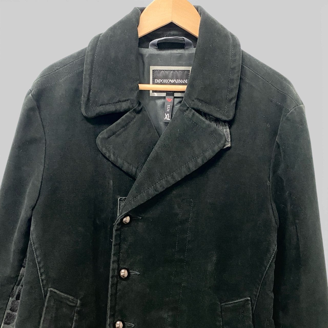 51c13 EMPORIO ARMANI エンポリオアルマーニ ハラコ切替 チェスターコート アウター XL ブラック メンズu02t