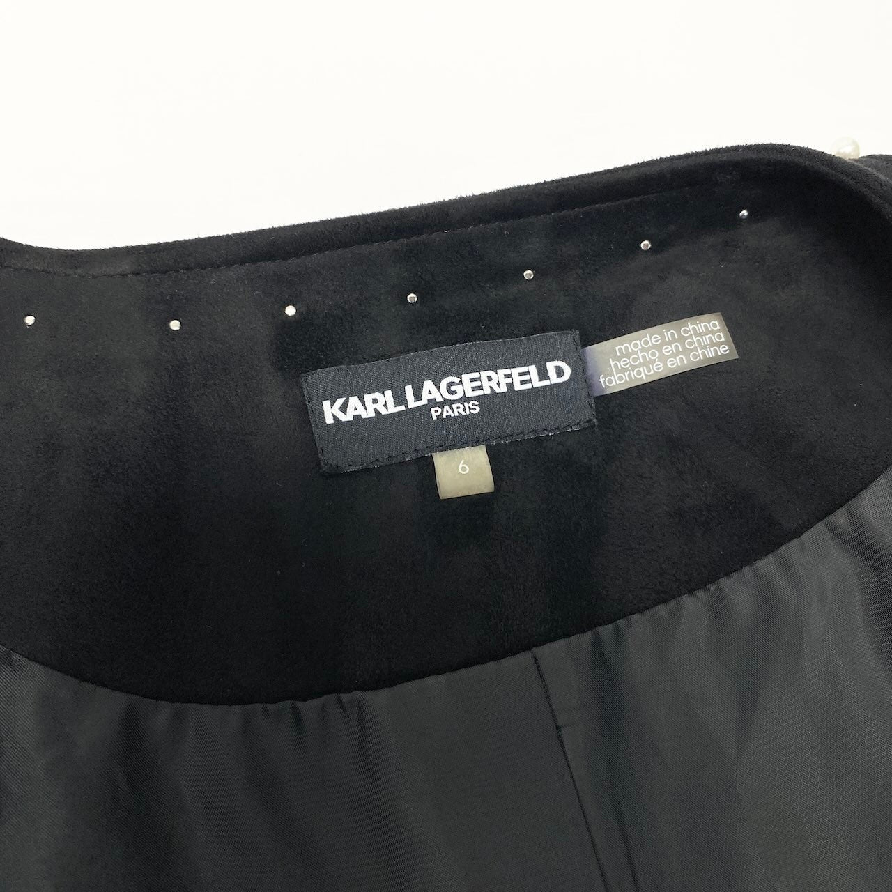 71e8 KARL LAGERFELD PARIS カール ラガーフェルド パリ ノーカラースウェードコート パール装飾 サイズ6 ブラック レディース 女性用u02t