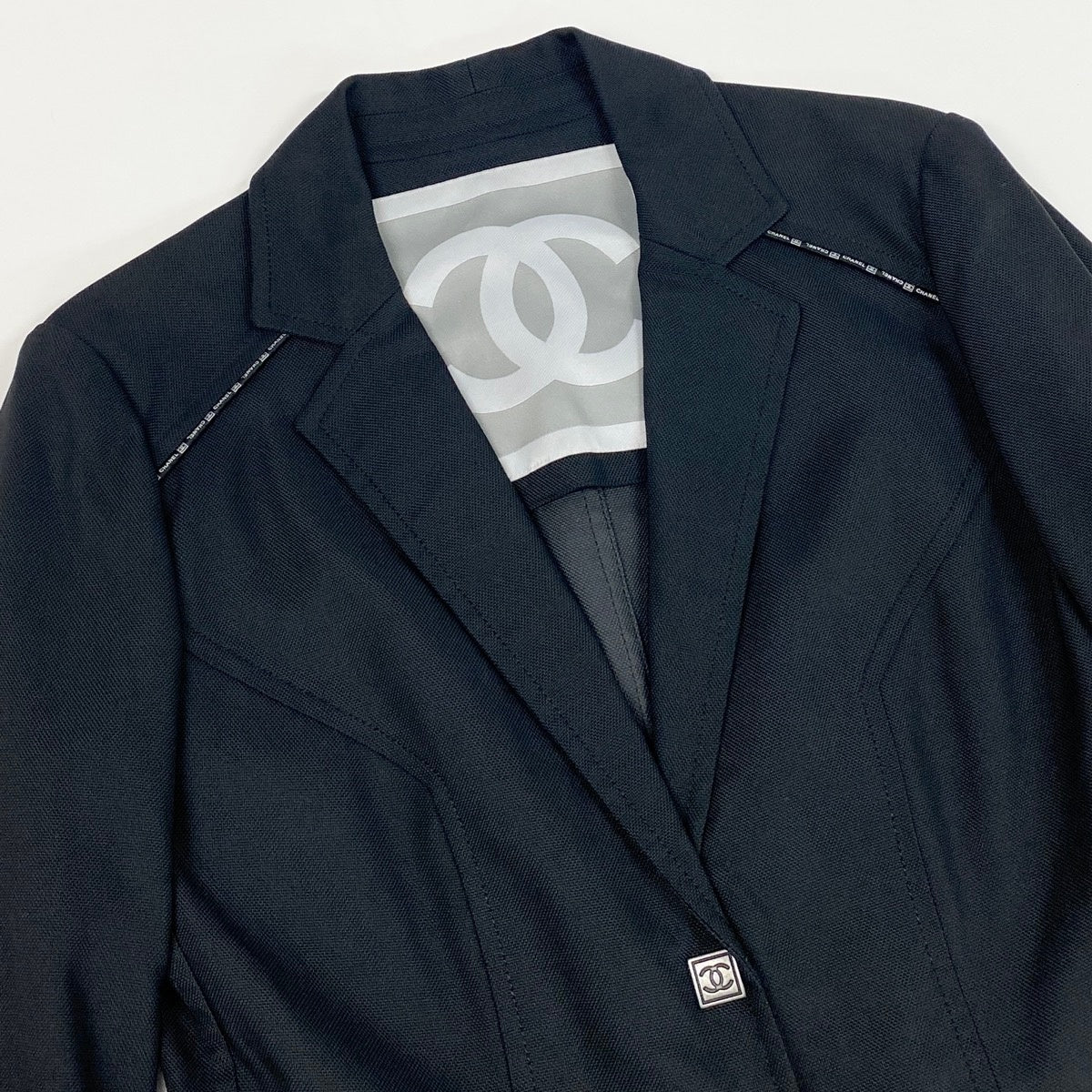 Cf29 CHANEL シャークスキン 04P スポーツライン ロゴパイピング ココマーク ジャケット サイズ38 ブラック レディースta1