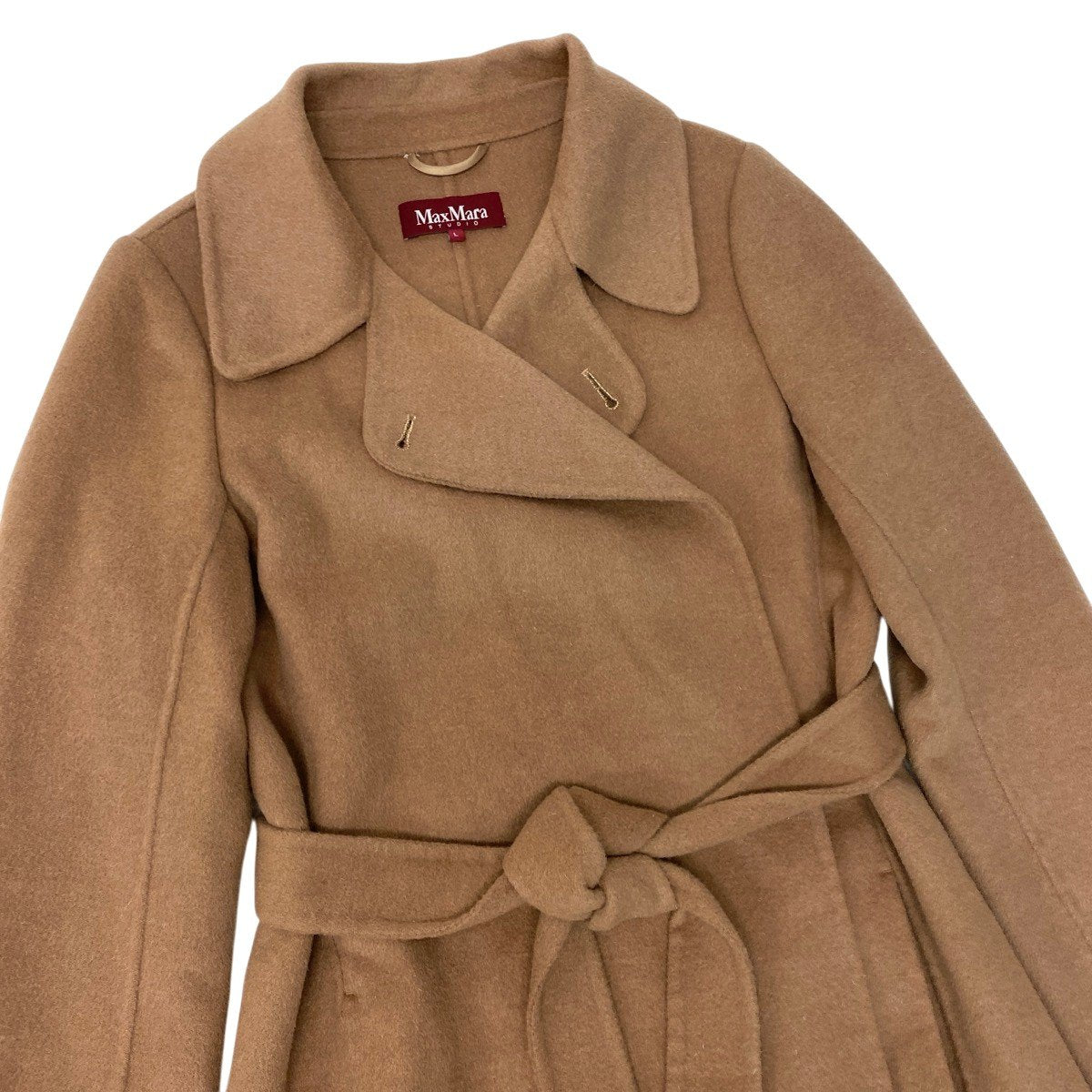 86g15 Max Mara STUDIO マックスマーラ ステュディオ ロング ガウンコート ベルト付 ウール/カシミヤ混 サイズL キャメル レディースu02t