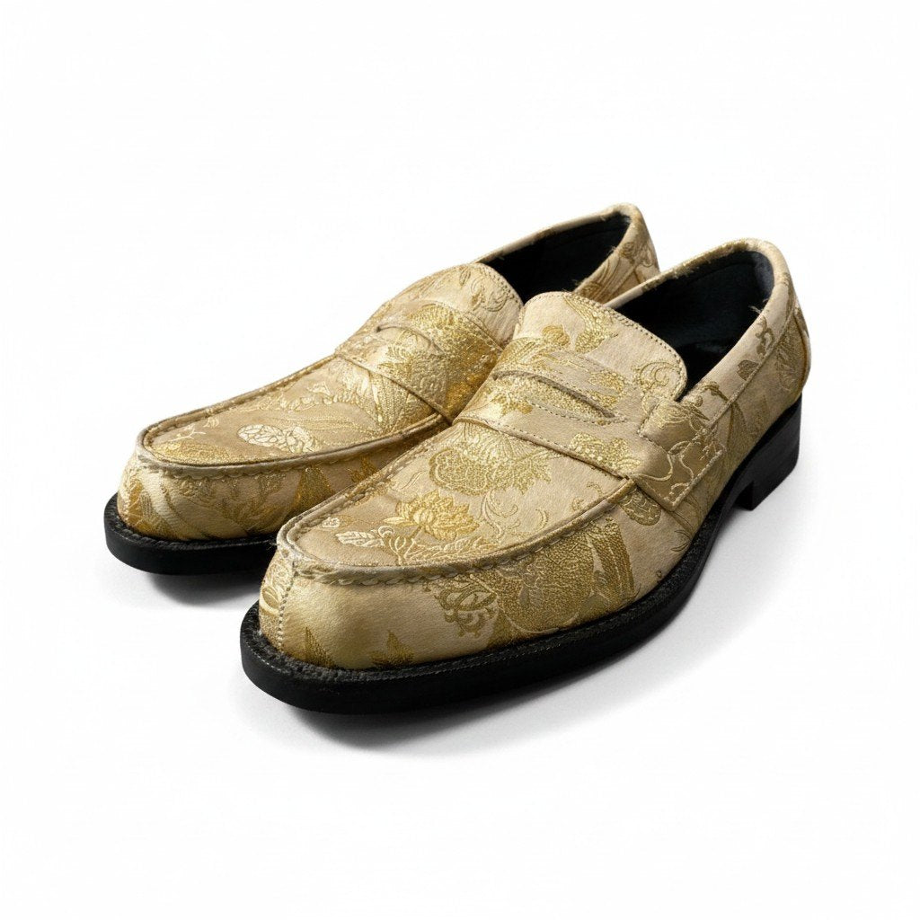 f24 COMME des GARCONS ローファー シューズ 和柄 着物 23 1/2サイズ ゴールド メンズ 男性用o07t