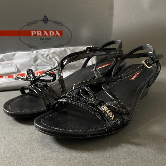 2g17 PRADA SPORTS プラダスポーツ ストラップサンダル ヒールサンダル37 1/2 ブラック エナメル レディース