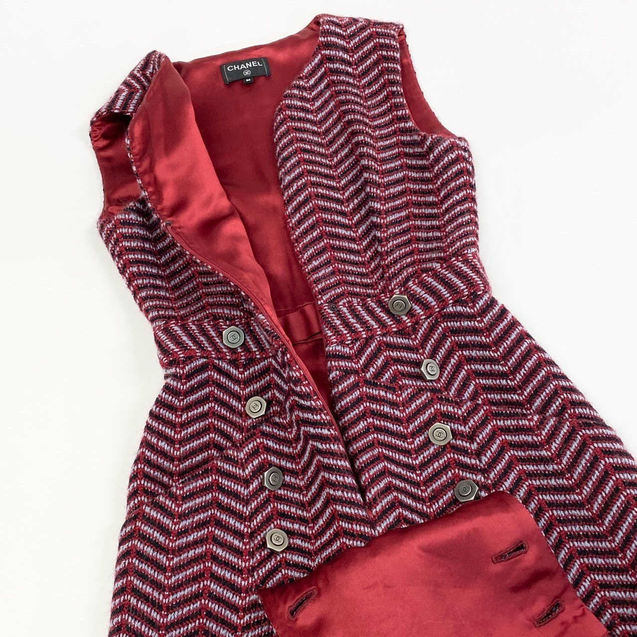 56a14 CHANEL シャネル P59404 2018 ココマークボタン ツイード ショートサロペット オールインワン トップス サイズ36 ボルドー系 レディースta1