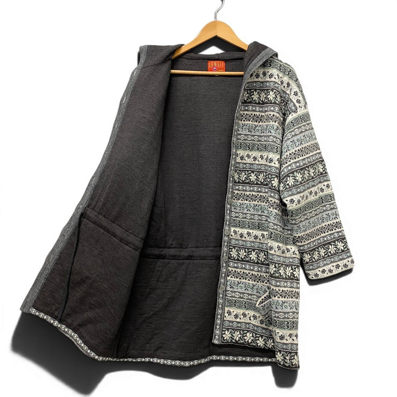 74e18 KENZO jungle ケンゾー フーディーニットロングカーディガン パーカー キルティング 花柄 総柄 Mサイズ グレー系 レディース 女性用u02t