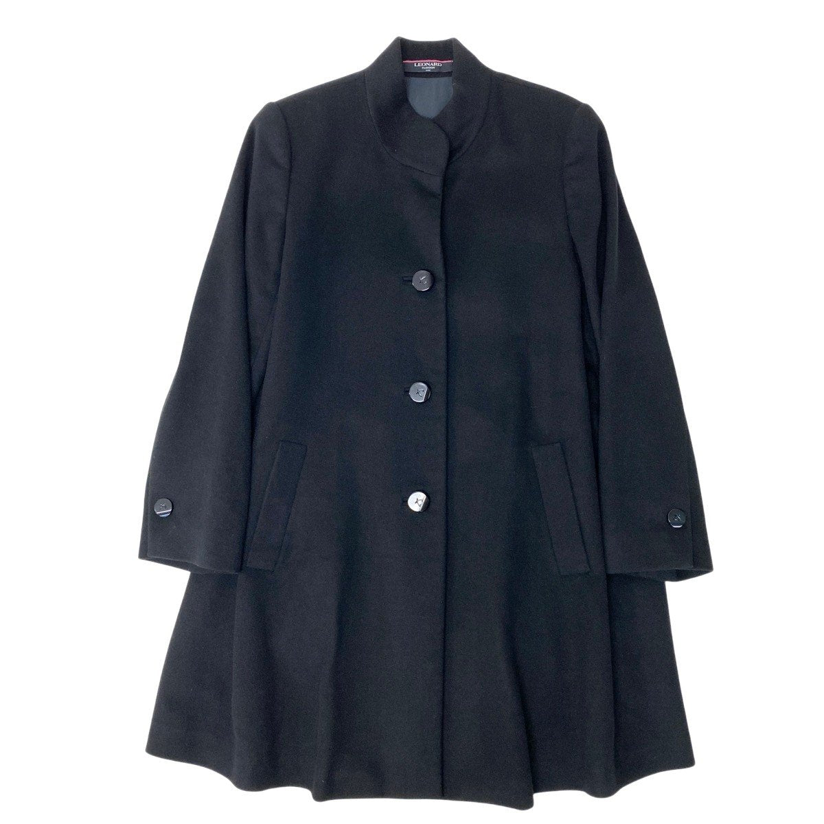 3g11 LEONARD FASHION レオナール ステンカラーコート 裏地花柄 ロング カシミヤブレンド サイズ11R ブラック レディースu02t