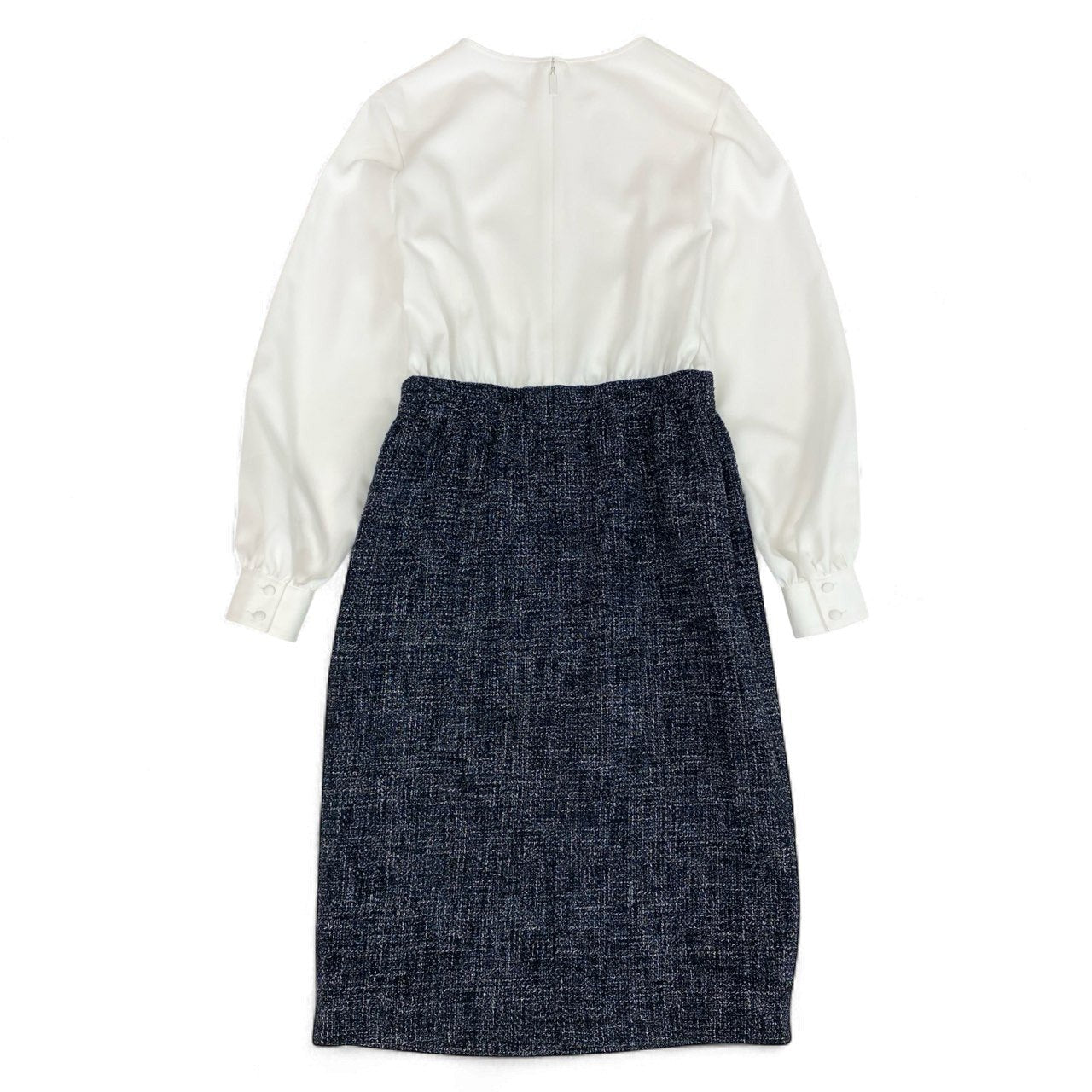 3k19 Rene ルネ ツイード切替 シフォン 長袖ワンピース 切替ワンピース サイズ36 ホワイト ネイビー レディース 女性用k02i