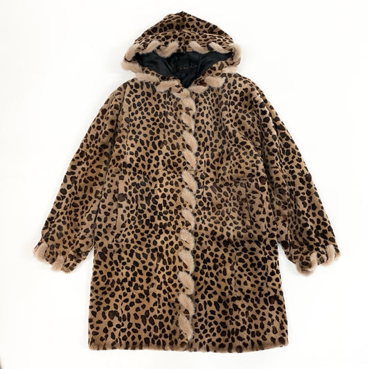 Eh10 染め レオパード柄 シェアードミンク ロングコート Sheared Mink Leopard Dyed Long Fur Coat サイズF 茶系 本毛皮t18r