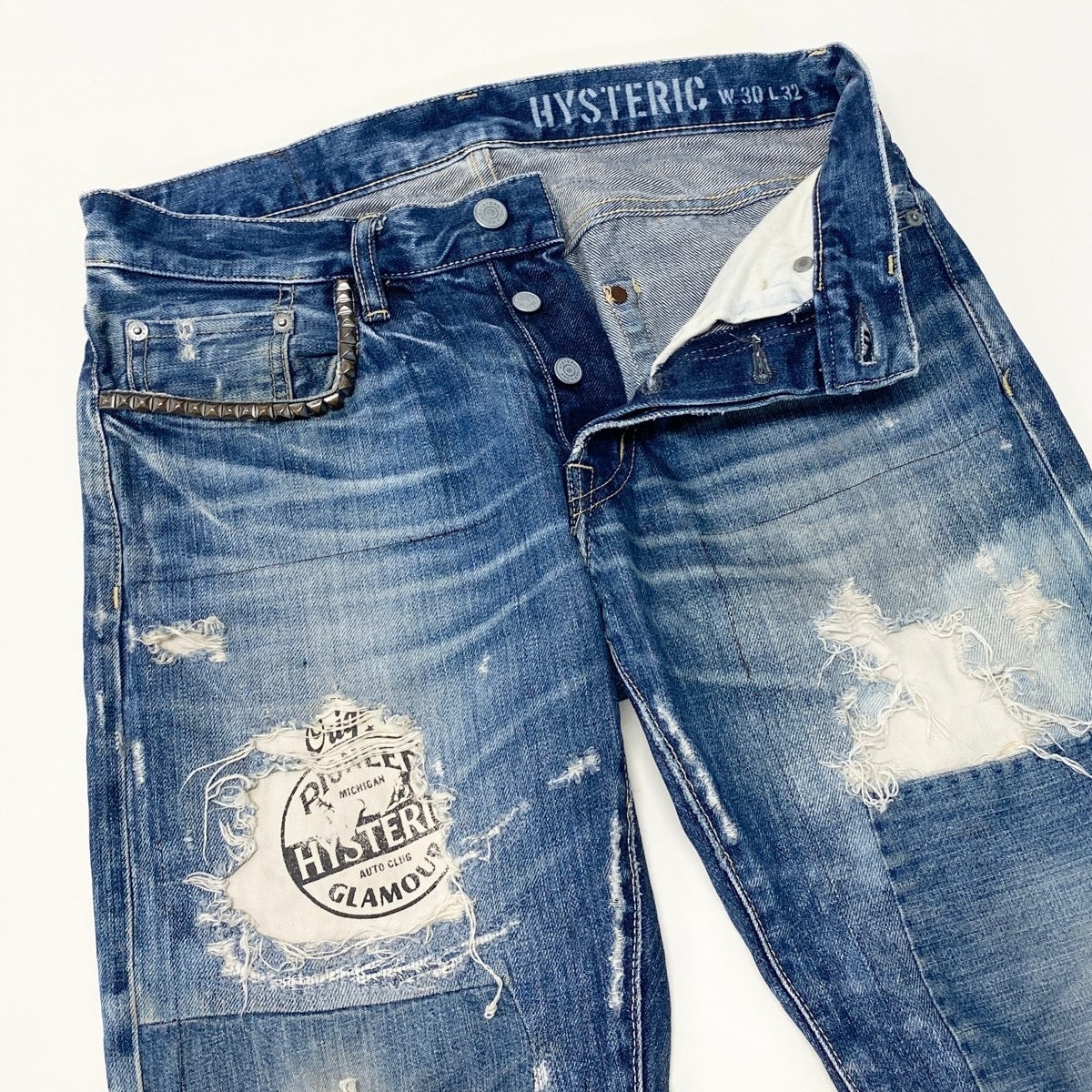 4g1 HYSTERIC GLAMOUR ヒステリックグラマー ダメージデニムパンツ パッチワーク スタッズ クラッシュ加工 30インチ インディゴブルー メンズu02t