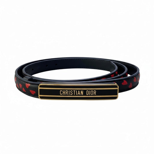 j15 《新品同様》 Christian Dior クリスチャンディオール ロゴバックル ハート レザーベルト 23-MA-0241 70 ブラック レッド レザーu02t