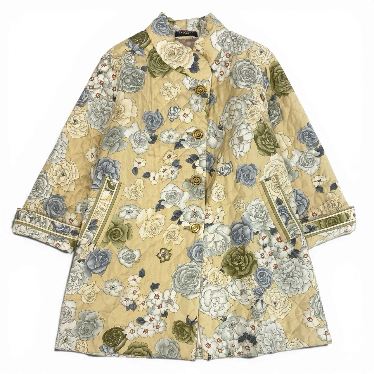 53a19 LEONARD FASHION レオナール キルティングコート ロングジャケットコート 中綿 美しい花柄プリント 金ボタン シルク100％ レディース 女性用 9AR ベージュ系u02t