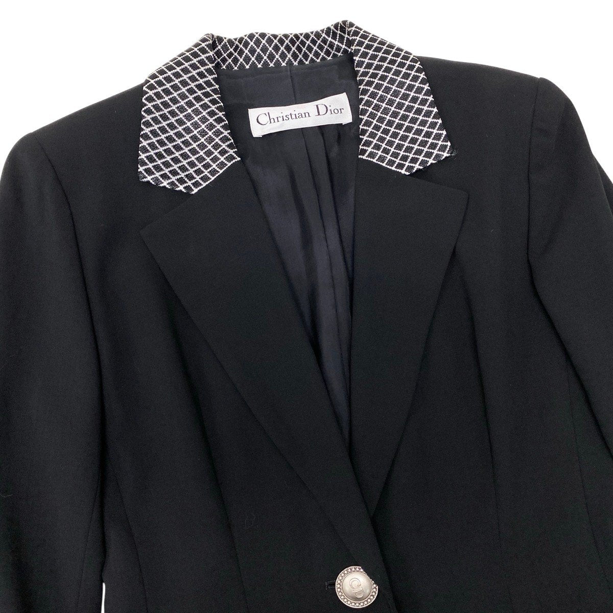 Eh10 Christian Dior クリスチャンディオール テーラードジャケット ダイヤ柄切替 ロゴボタン ブラック レディースo07t