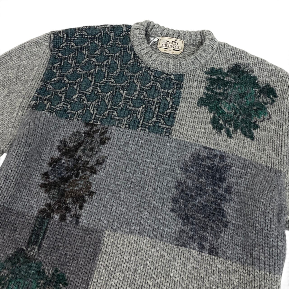 59i15 《未使用品》 HERMES エルメス 23AW Decalcomanie デルコマニー ニット セーター M グレー カシミヤ100 メンズu02t
