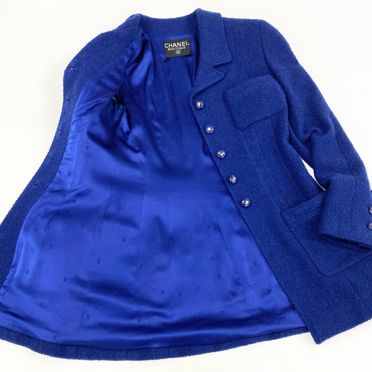 63i12 CHANEL シャネル 95A ココボタン ラメツイード セットアップ レトロ  ブルー Vintage ヴィンテージ Tweed Setupt18r