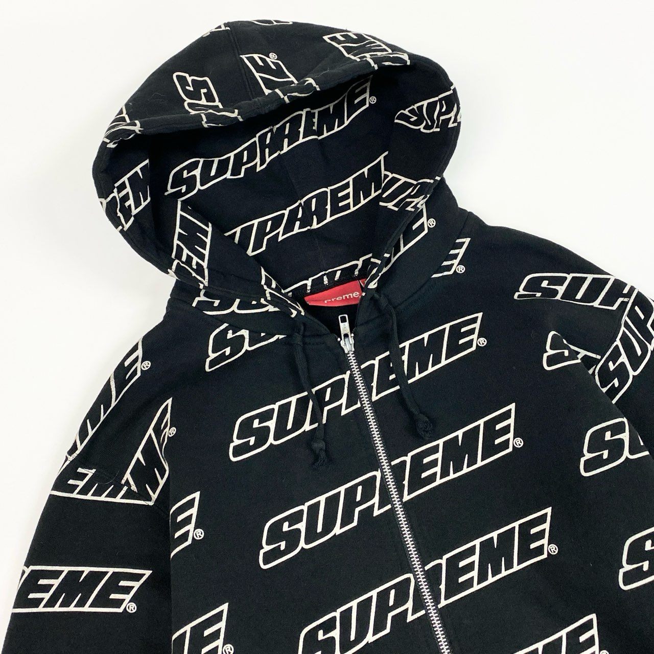 78a21 Supreme シュプリーム 18ss Repeat Zip Up Hooded Sweatshirt  フルジップ スウェット パーカ 総柄 ロゴプリント 裏起毛 メンズ 2018SS0329009 サイズM ブラック コットン100％u02t