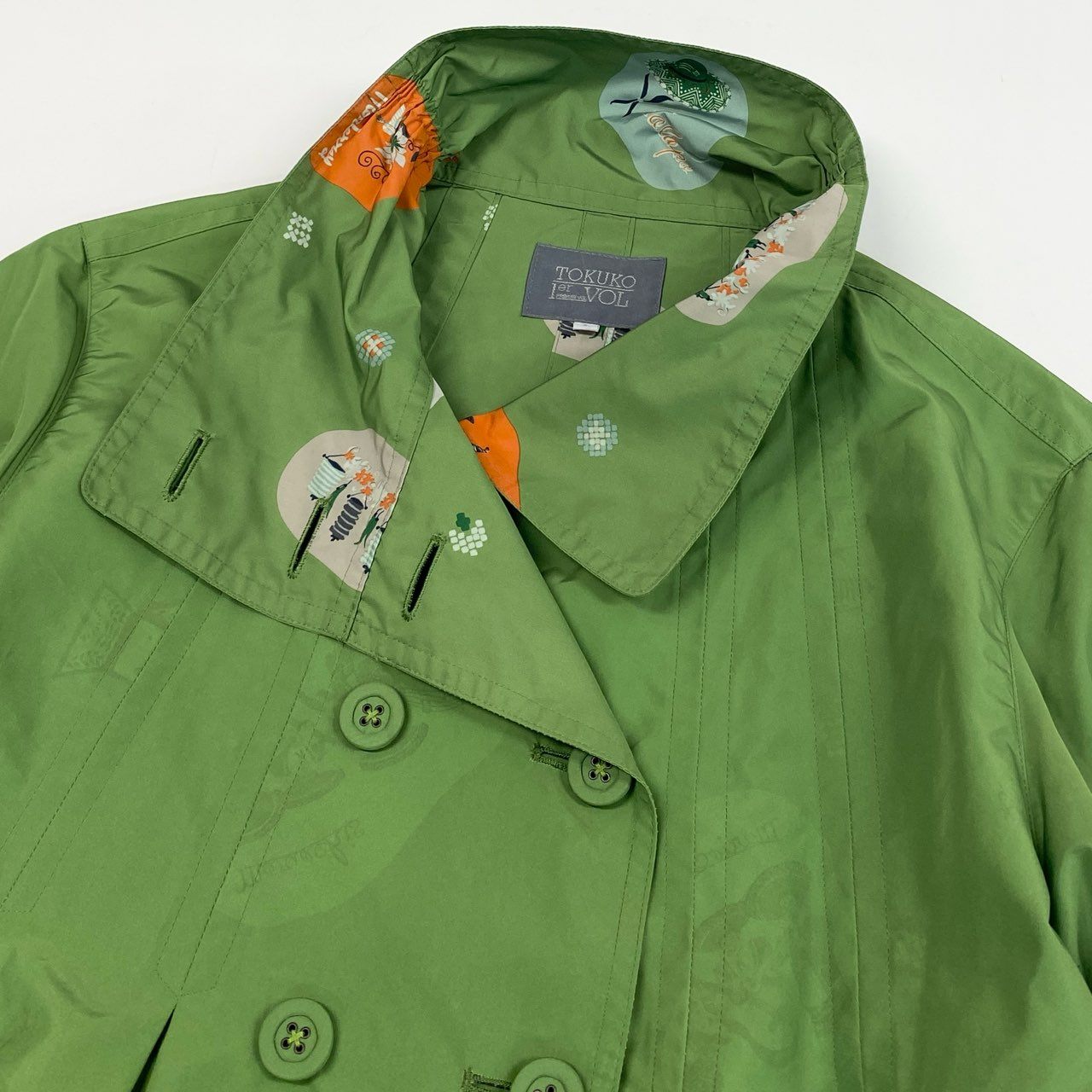 56k27 《美品》 TOKUKO 1er VOL トクコプルミエヴォル 薄手コート ジャケット 裏地総柄 Aライン 9 グリーン ポリエステル レディースu02t