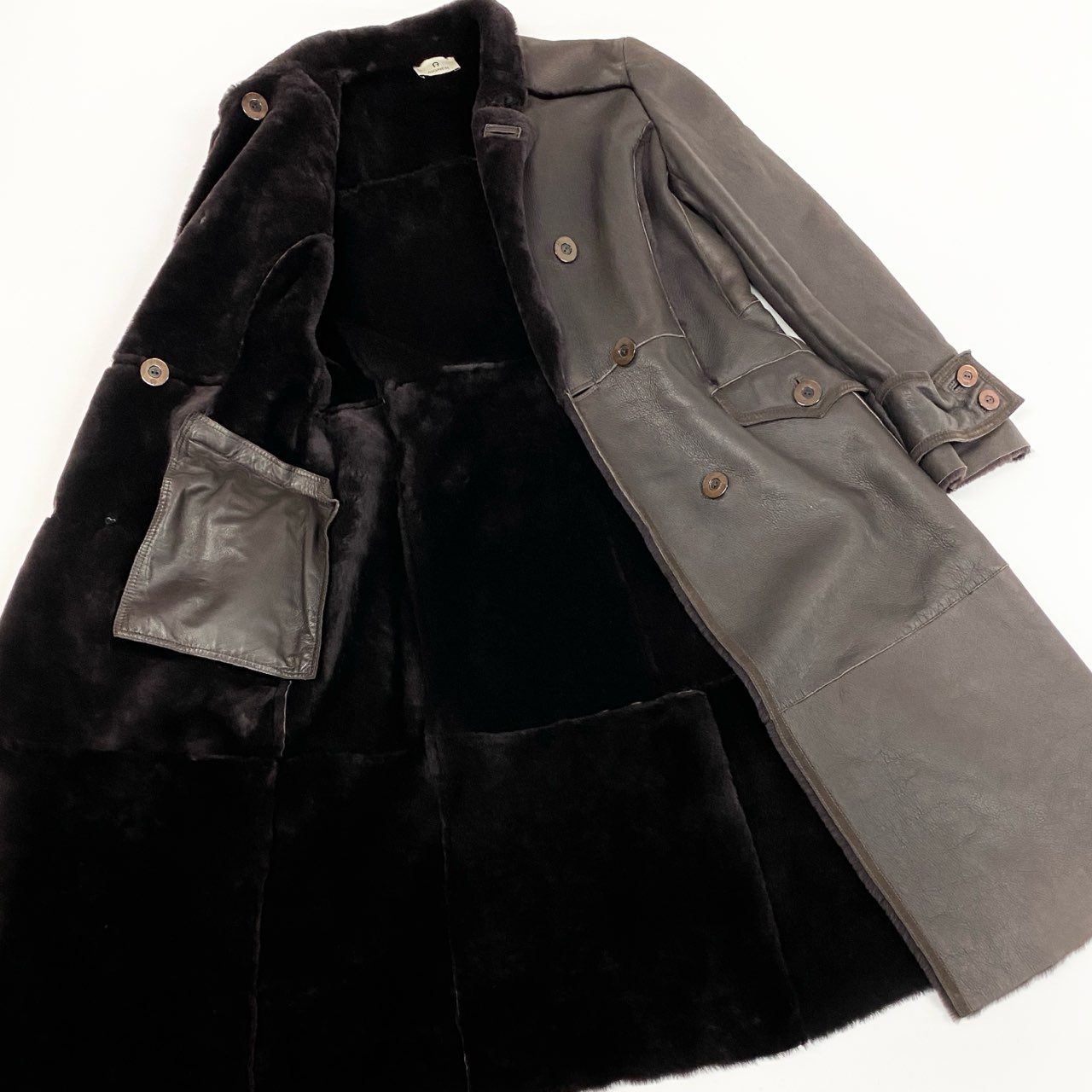 60l16 AIGNER アイグナー ムートンコート ロングコート レザーコート ダブル 46 ブラウン ムートン レディース イタリア製u02t