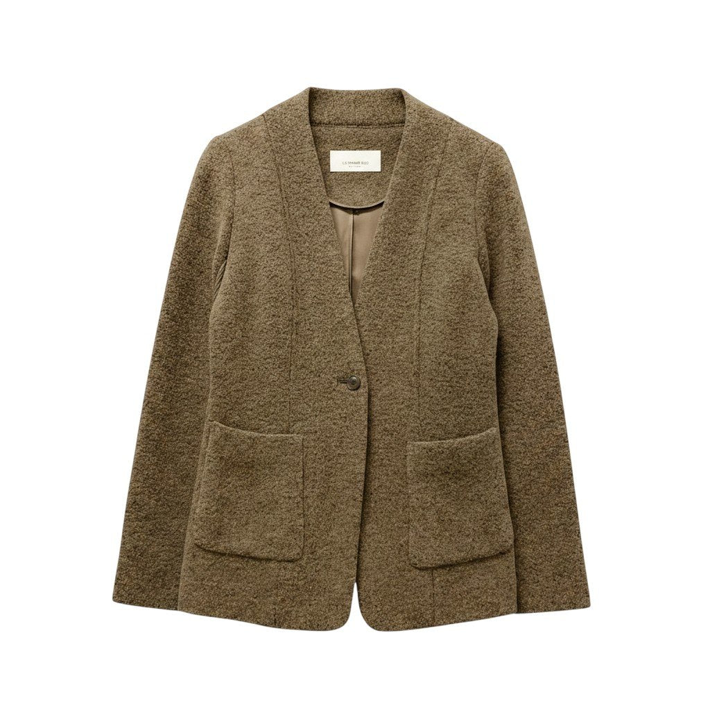 32e16【美品】MORABITO モラビト ノーカラーウールジャケット リブ切替 アウター 40サイズ ブラウン レディース 女性用u02t
