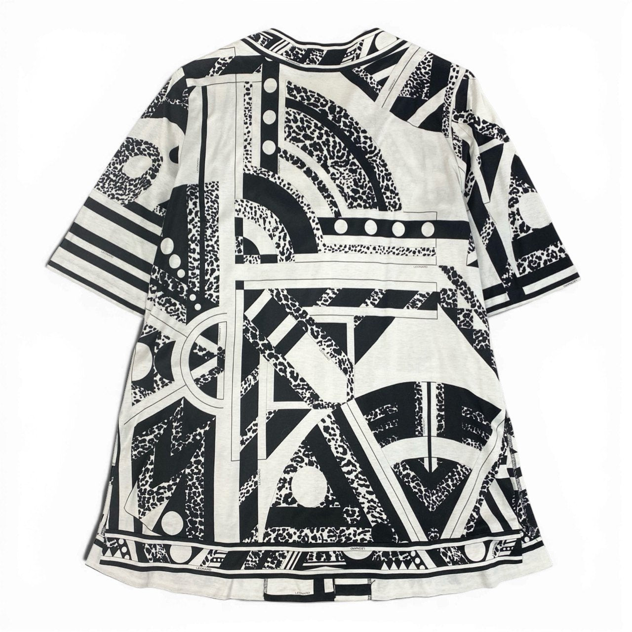 6b12 LEONARD レオナール 半袖カーディガン 美しいプリント チュニック丈 総柄 0359139 Lサイズ ホワイト ブラック コットン100％ レディース 女性用u02t