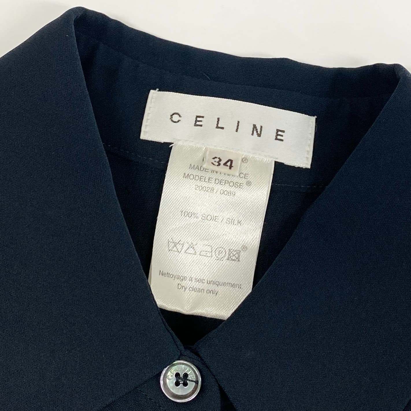 Eb23 CELINE セリーヌ フリルスリーブ ブラウス 長袖シャツ トップス 34 ネイビー シルク レディースu02t
