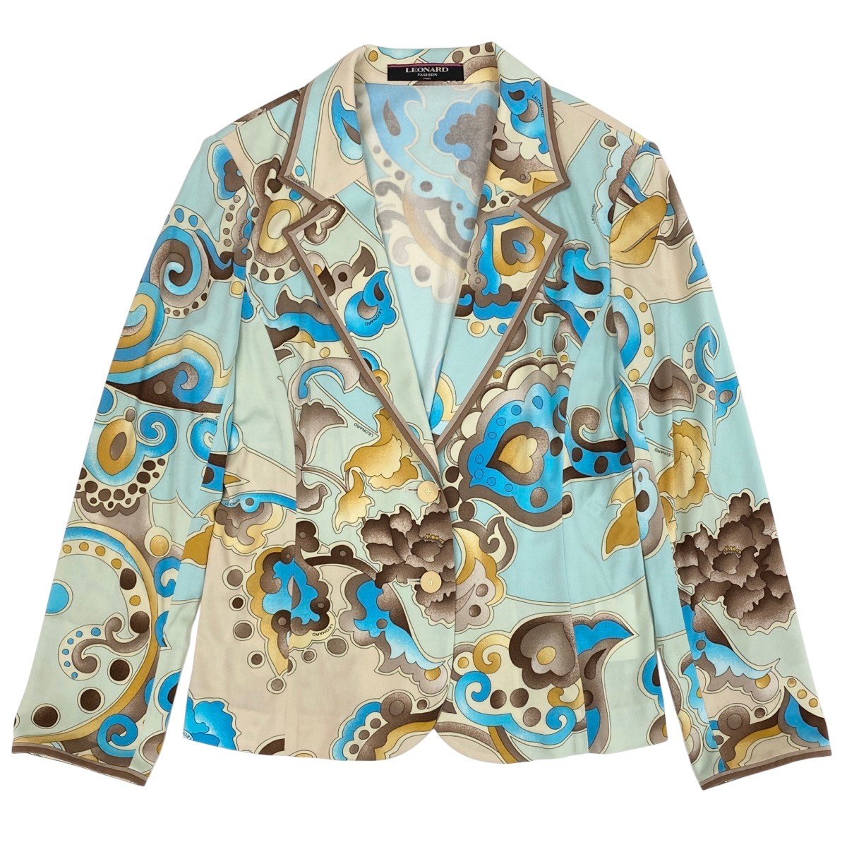 54f29 LEONARD FASHION レオナール カンカン素材 テーラードジャケット 総柄プリント サイズL ライトブルー レディースu02t