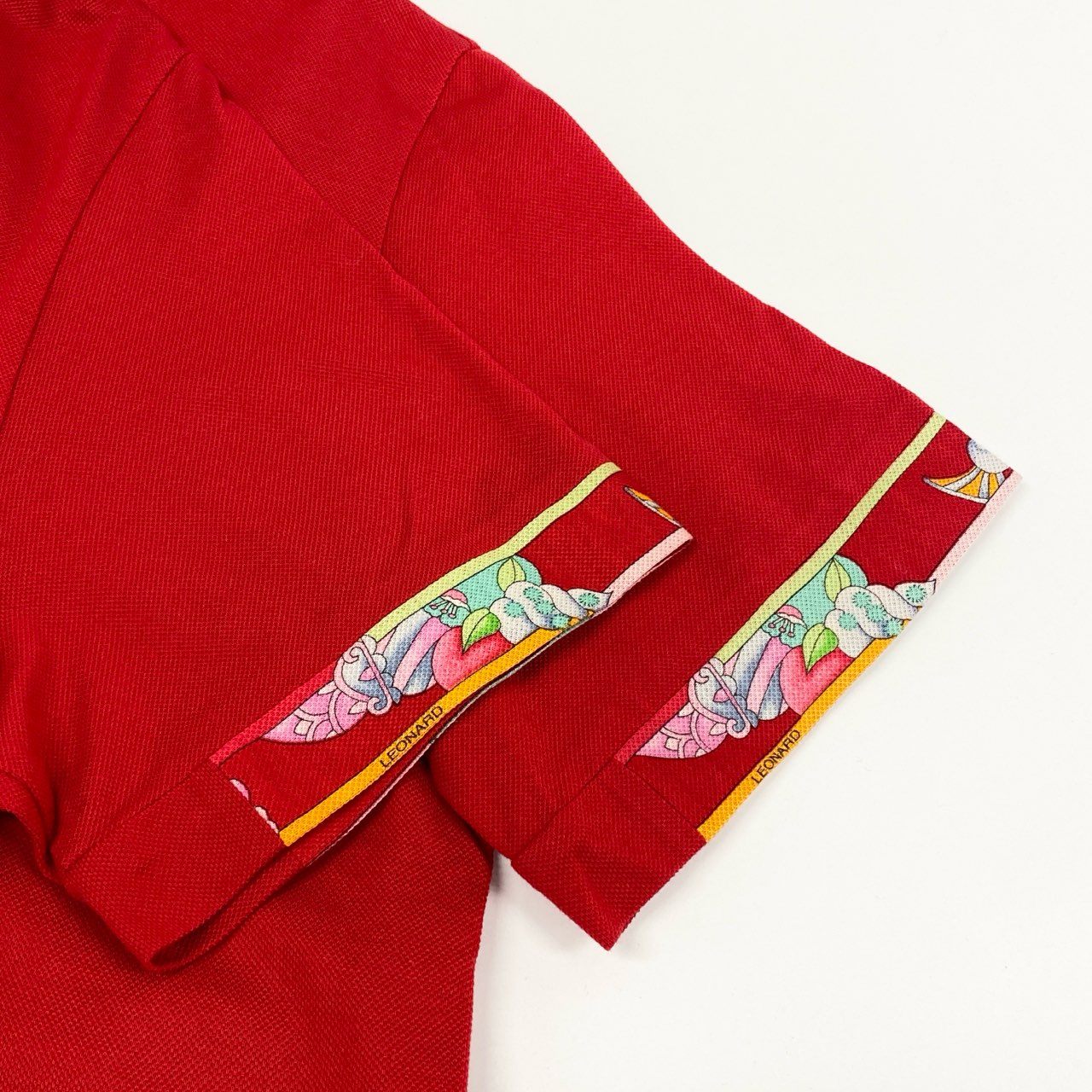 66i18 《美品》 LEONARD レオナール 半袖パーカー ジップアップ カットソー トップス 鹿の子  L レッド コットン レディース 美しい花柄プリントu02t
