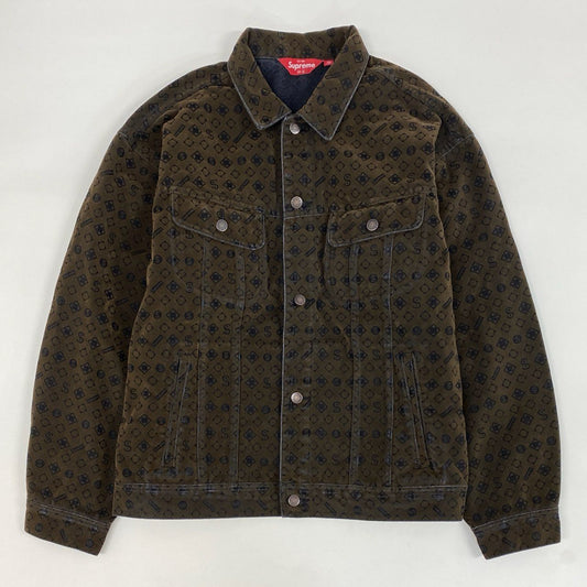 34d4 SUPREME シュプリーム 23SS Flocked Denim Trucker Jacket トラッカージャケット 総柄プリント L ブラウン系
